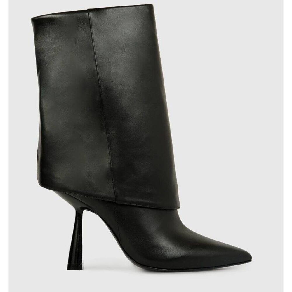 Black Suede Studio Fold Over Leather‎ Booties Size 9.5US Angular Heel